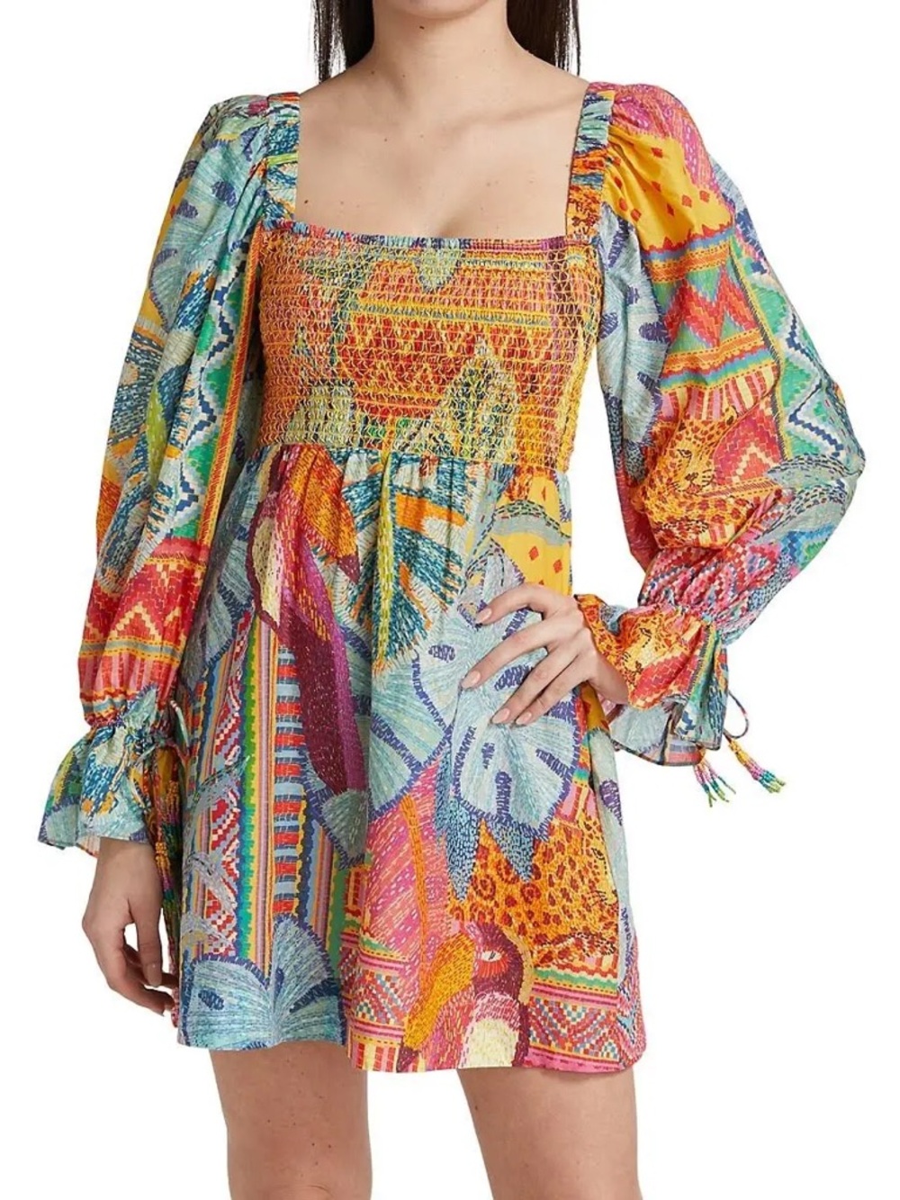 Farm Rio Tapestry Long Sleeve Smocked Mini Dress - Size Small (Read)